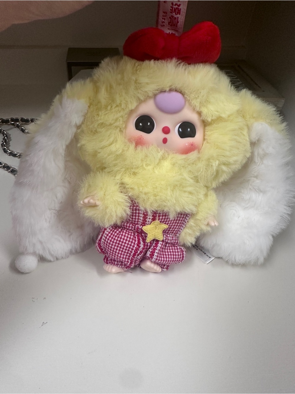 Plush Bunny Key & Card Holder - Yellow Faux Fur with White Ears